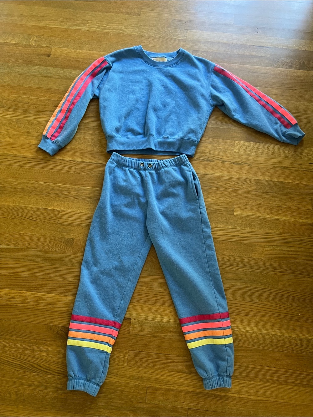 Blue Sweatshirt Sweatpants set with Rainbow Stripe Accents